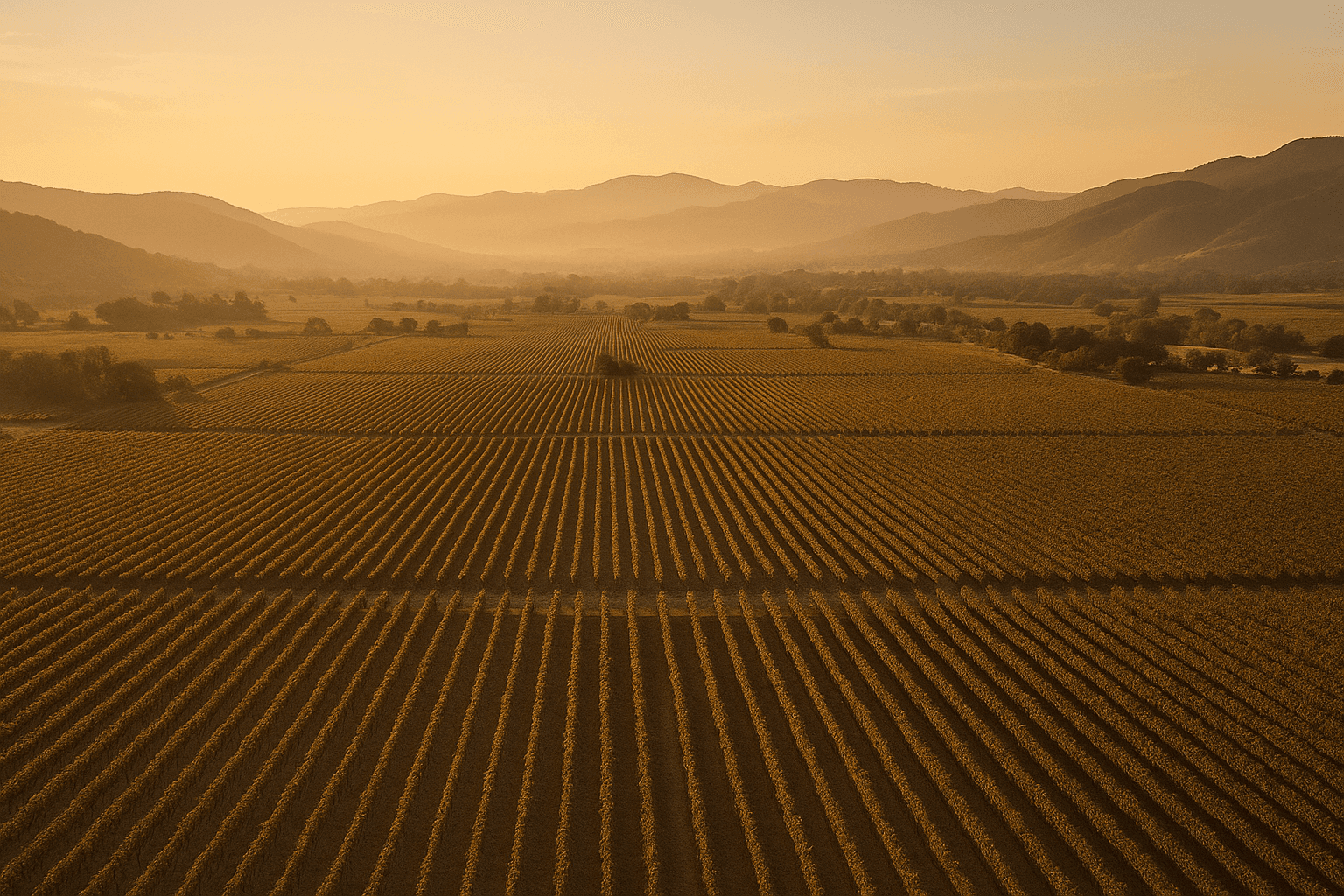 Golden-hour aerial view of Napa Valley vineyards