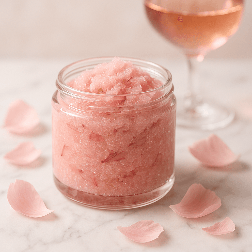 Open jar of Rosé & Peony Polish sugar scrub on a marble tray
