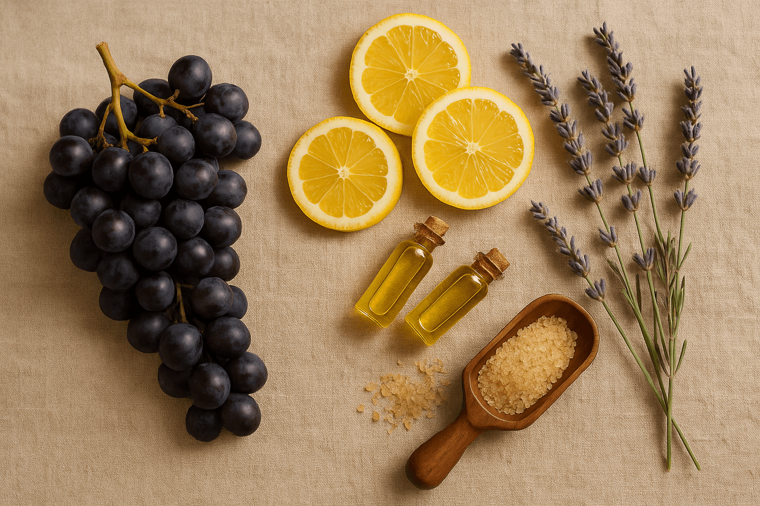 Flat-lay of fresh grapes, lavender, citrus, and cold-pressed oils used in NapaWink scrubs