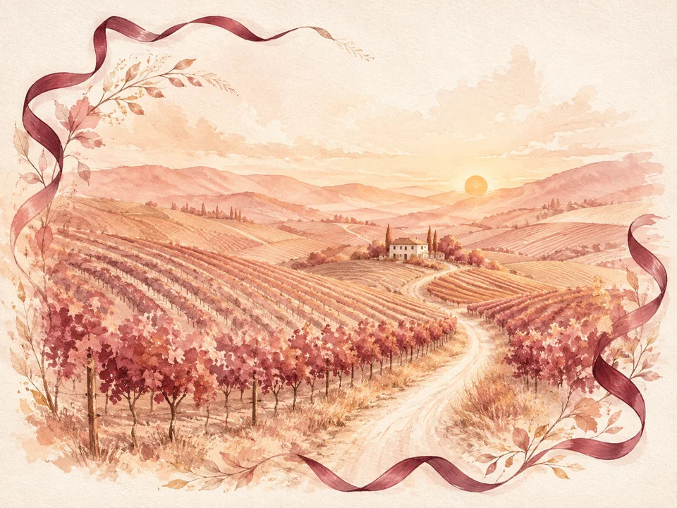 Watercolor illustration of rose-colored Napa vineyard hills, a winding path, and flowing Cabernet ribbons at golden hour